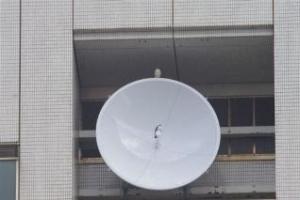 パラボラアンテナに止まるハヤブサ2羽の写真