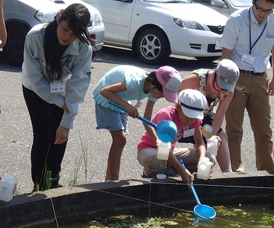 研究所の池で水汲みをしている写真