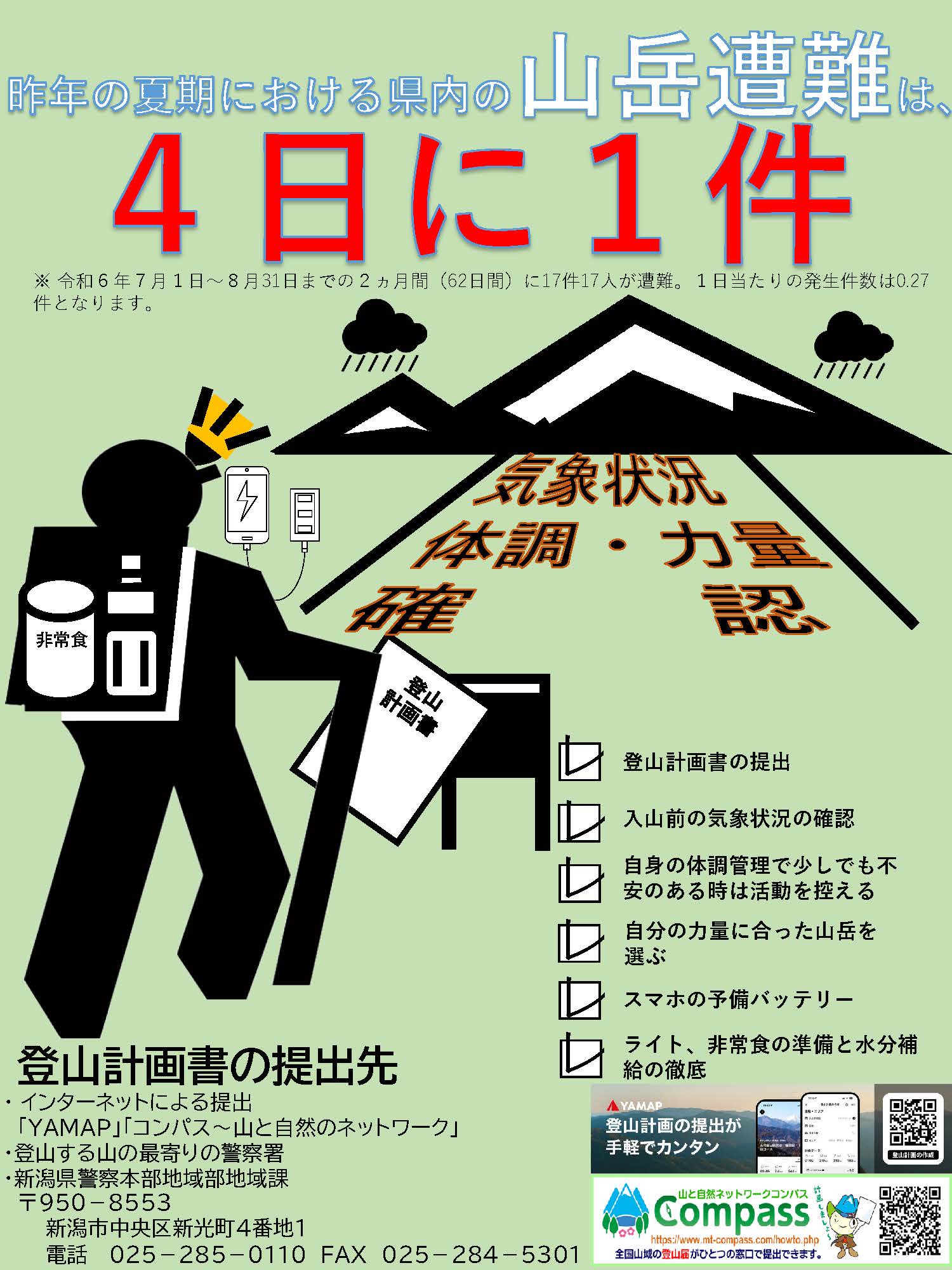 昨年の夏季における県内の山岳遭難は４日に１件