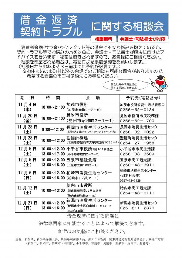 借金返済・契約トラブルに関する相談会一覧