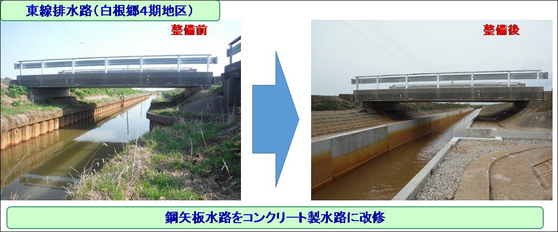 白根郷4期地区の東線排水路です、鋼矢板水路をコンクリート製水路に改修しました。